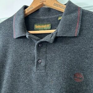 Timberland Charcoal Grey Long Sleeve Polo w Logo, Maroon Trim, Heavy Knit Cotton
